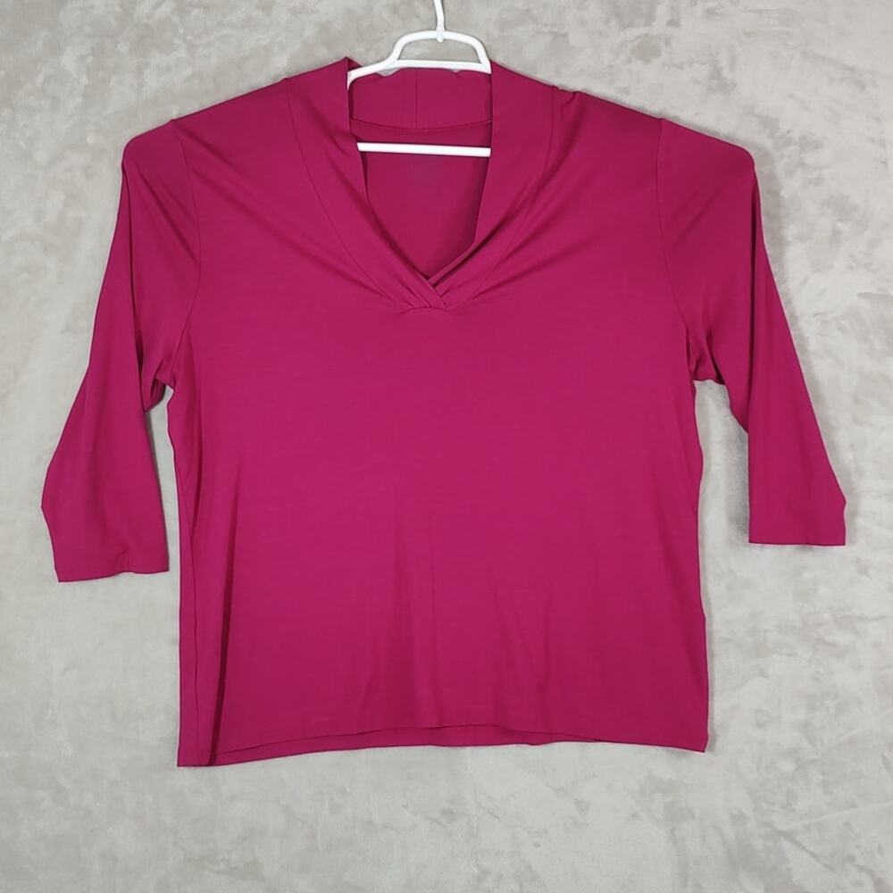 Talbots Women Magenta Pink Pleated Split V-Neck Knit Top 3/4 Sleeve Plus Size 2X